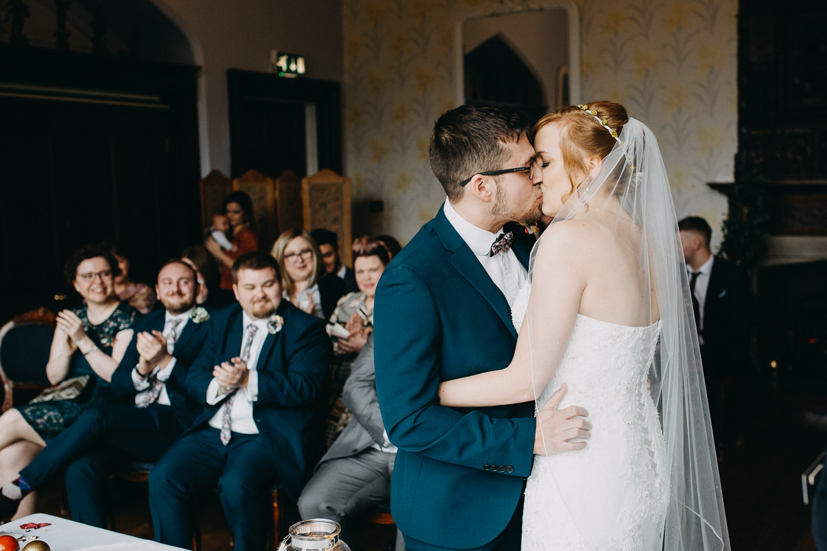 the first kiss - Wroxall Abbey Wedding Photography